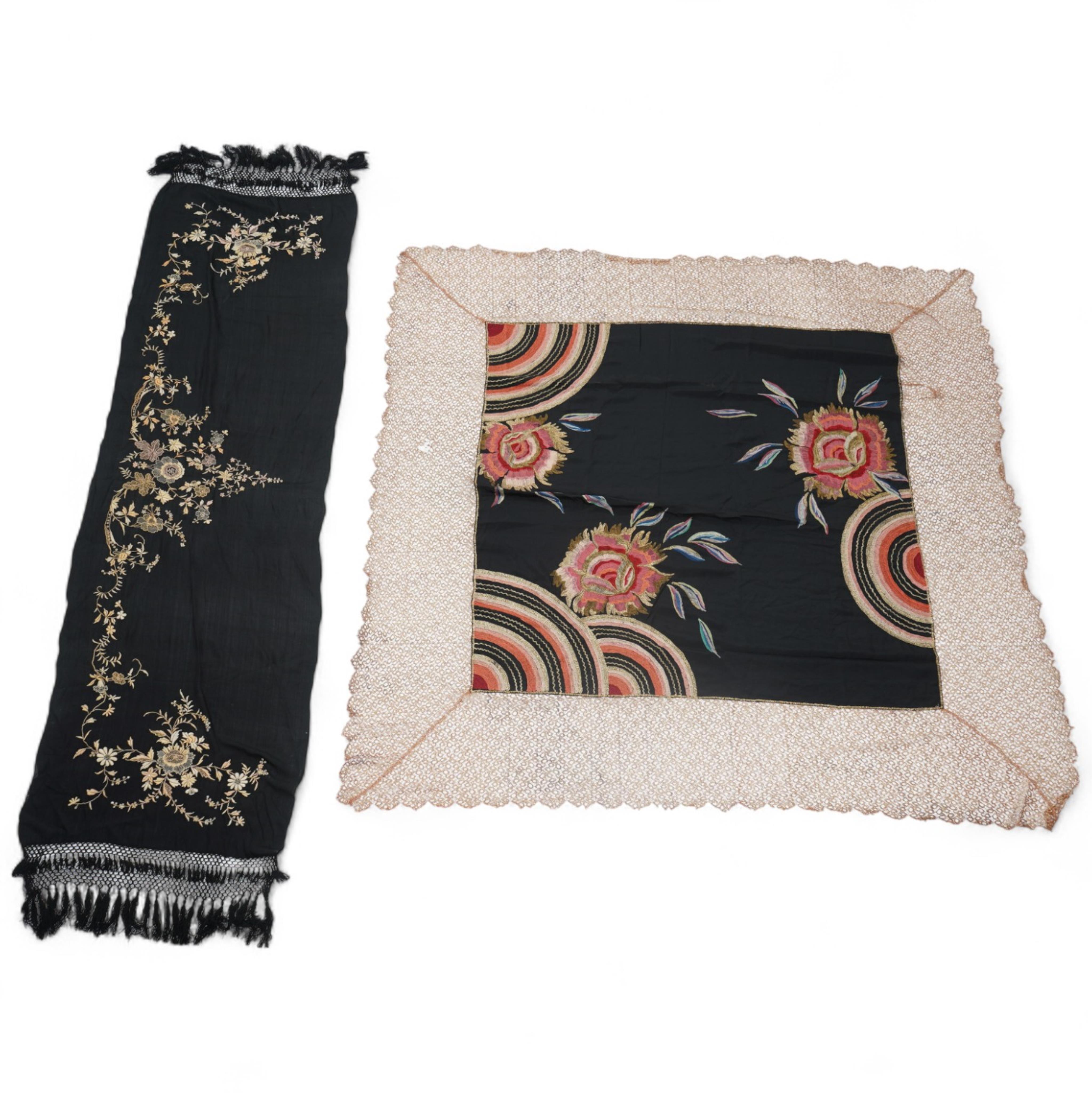 An Art Deco black silk floral embroidered shawl, using tones of red and orange with gold highlights, bordered with bronze metallic lace, together with a black crepe and yellow silk embroidered stole. Art Deco stole, 142c